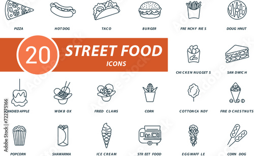 Street food outline icons set. Creative icons: pizza, hot dog, taco, burger, french fries, doughnut, chicken nuggets, sandwich, candied apple, wok box and more.