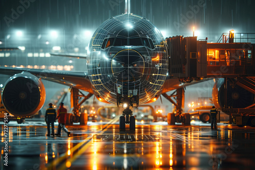 Rainy Airport Scene with Cargo Aircraft. Cargo aircraft being serviced on a rainy night at the airport with crew in action.