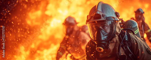  Firefighter Team Against the Blaze, Firefighter in protective gear facing  fierce blaze, testament to the courage and valor  these first responders , global warming is driver global wildfire trends photo
