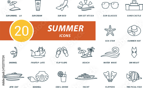 Summer outline icons set. Creative icons: sun umbrella, sun cream, sunbed, sunset at sea, sun glasses, sand castle, sea star, summer hat, snorkel and more