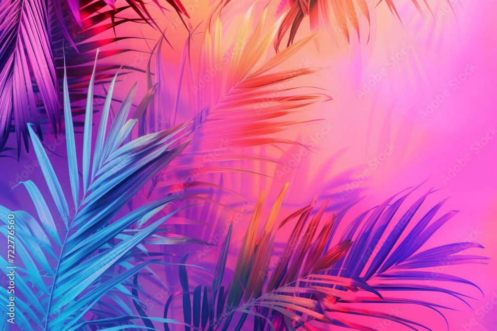 Realistic palm leaves and tropical tree in vibrant gradient and neon colors, with minimal and surrealism art concept...