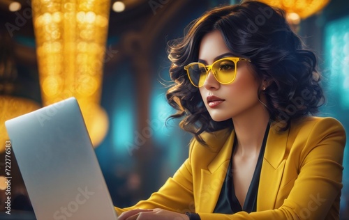 Focused Woman in yellow Glasses Working on Laptop photo