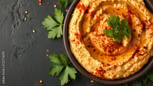 Hummus dip plate on wooden table. A bowl of creamy hummus with olive oil	 photo