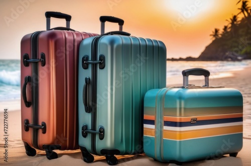 View of the seacoast with modern suitcases on the sandbeach. Summer travel and vacation concept