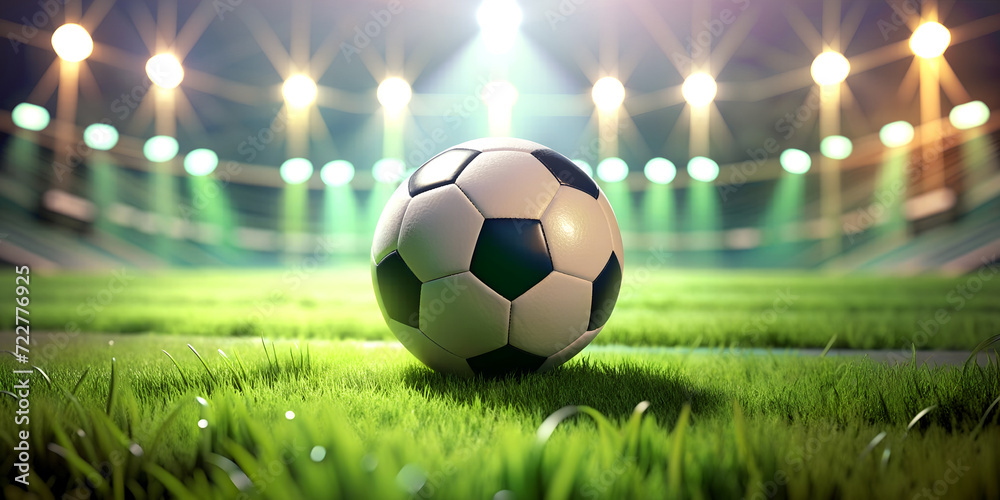 Fototapeta premium Close-up of Football (Soccer) is on the green turf in the football field at night with beautiful spotlights. Victory, success, Sports, Exercise, Goals, Healthcare, Betting, 3d rendering