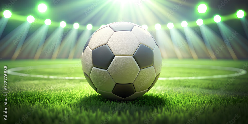 Close-up of a Football (Soccer) with spotlights illuminating the green lawn on the football field against the white circular lines at night. Victory, success, Sports, Exercise, Goals, 3d rendering