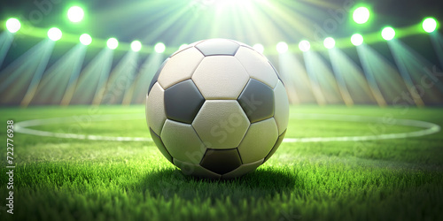 Close-up of a Football (Soccer) with spotlights illuminating the green lawn on the football field against the white circular lines at night. Victory, success, Sports, Exercise, Goals, 3d rendering © guguart