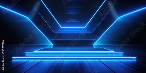 Blue neon light line abstract room podium on an empty futuristic