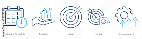 A set of 5 Action plan icons as meeting schedule, analysis, goal