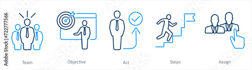 A set of 5 Action plan icons as team, objective, act