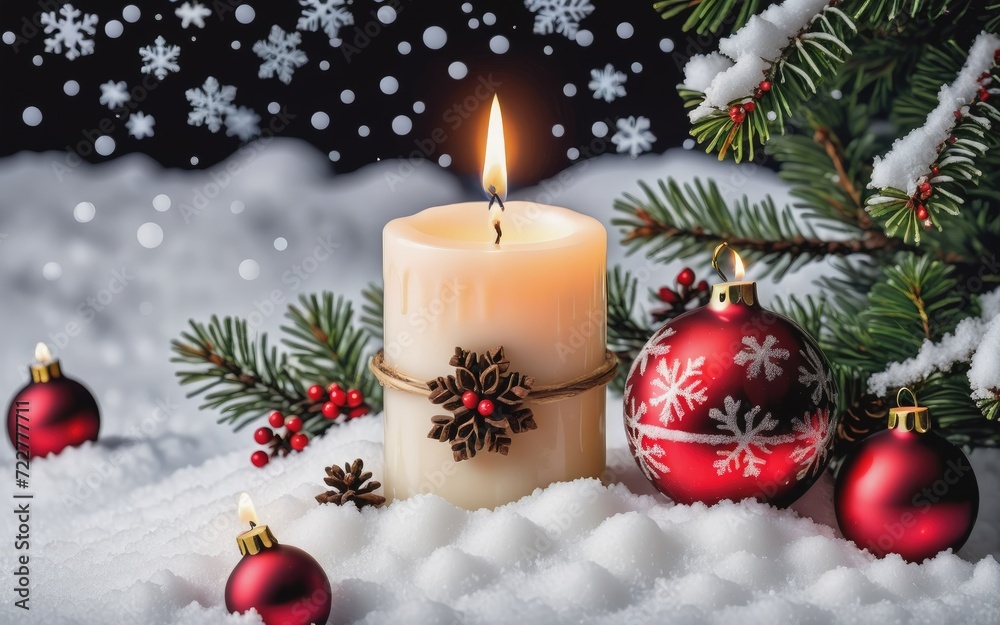 Beautiful candle on the snow With Christmas Decoration Xmas backdrop