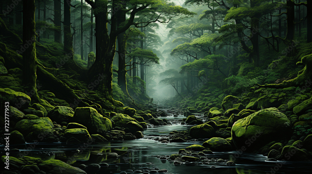 Naklejka premium Verdant green transitioning into a misty forest green captures