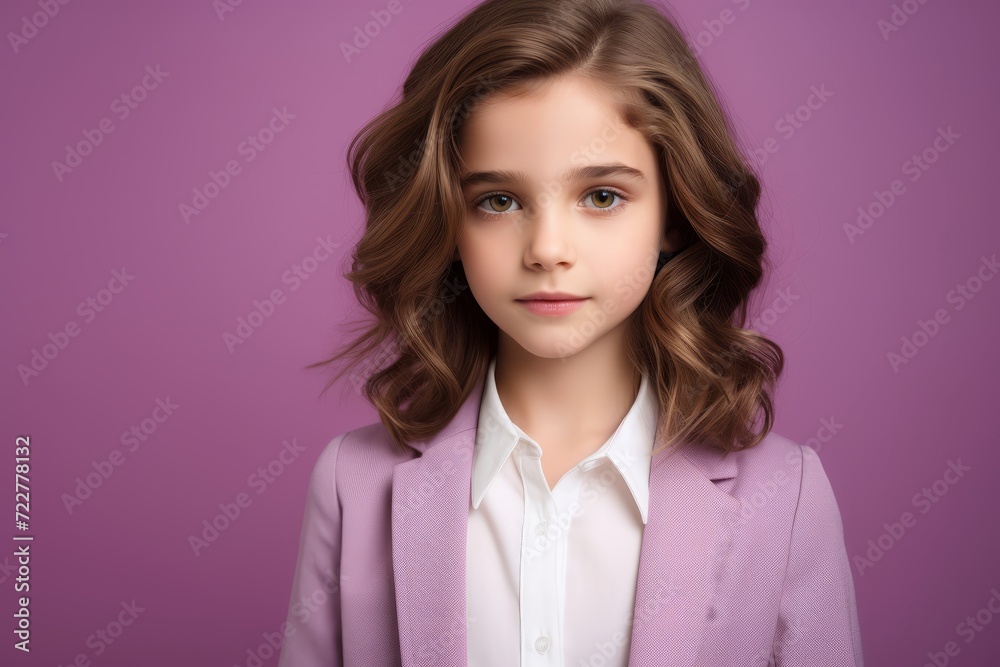 Portrait of a beautiful young woman in a pink suit on a purple background Portrait of a beautiful young woman in a pink suit on a purple background
