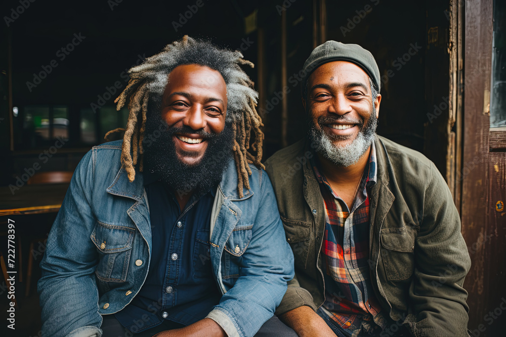 Benevolent Brotherhood: Two Dapper Gentlemen Share Warm Laughter on a Sunlit Bench