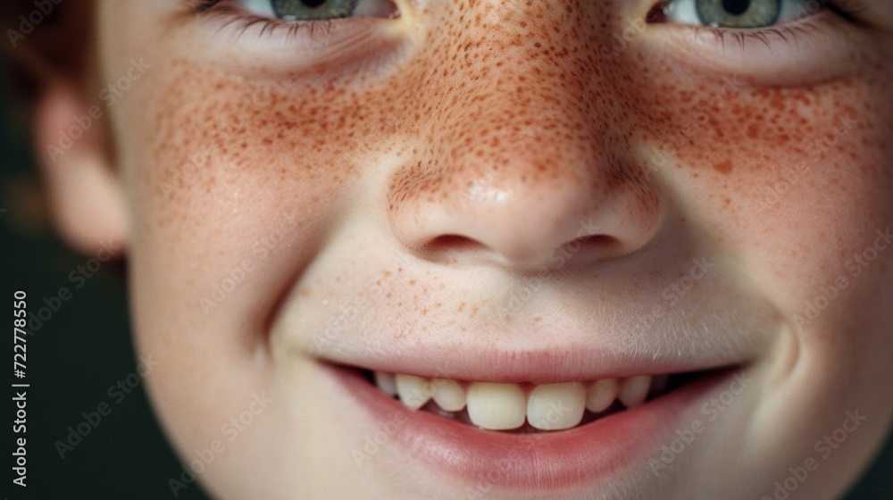 Young boy with freckles is smiling to the camera extreme close up Young boy with freckles is smiling to the camera extreme close up