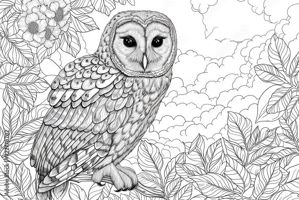 Fototapeta premium Black and white illustration for coloring birds, owl in the wood. Animal Coloring Page.