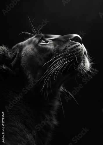 Black Panther in Monochrome, Upward Gaze Portrait 