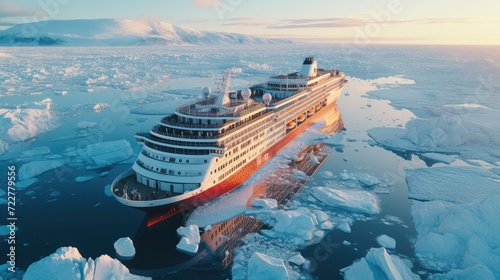 A modern, white cruise ship sails the Arctic Ocean, among ice floes and asbergs. Travel and vacation. En route.