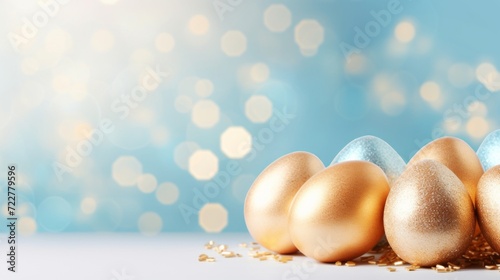 Luxurious golden Easter eggs adorned with glitter against a dreamy blue bokeh background for a festive celebration.