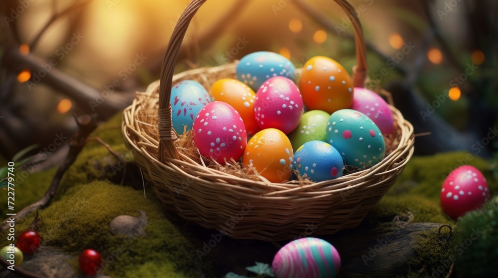 A wicker basket filled with vibrantly decorated Easter eggs amid a festive setting. A wicker basket filled with vibrantly decorated Easter eggs amid a festive setting.