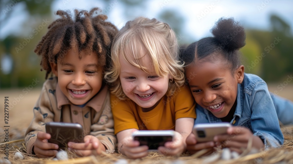 Three cheerful children lying on the ground, laughing and looking at smartphones. Three cheerful children lying on the ground, laughing and looking at smartphones.