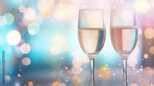 Two elegant champagne flutes with sparkling wine over a shimmering golden bokeh background.