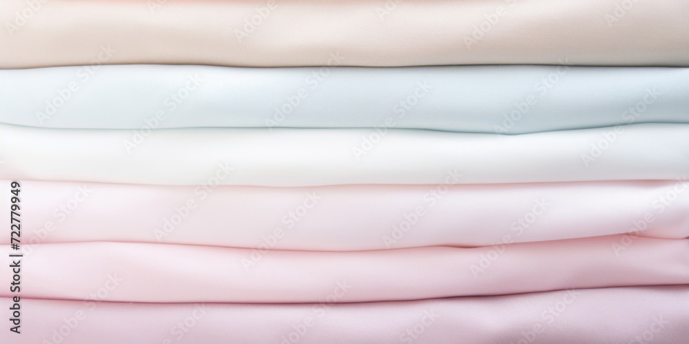 Close-up view of neatly stacked fabrics in soft pastel colors, displaying texture and variety. Close-up view of neatly stacked fabrics in soft pastel colors, displaying texture and variety.