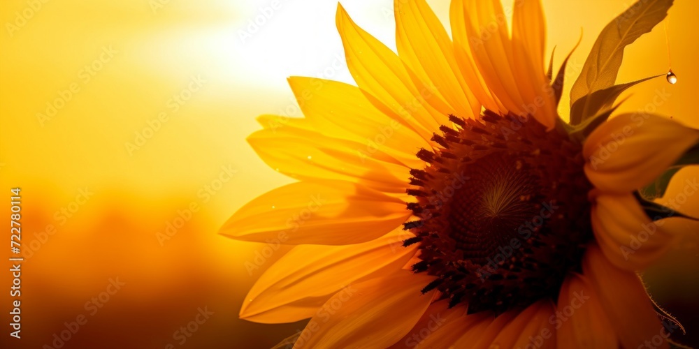 Obraz premium A vibrant sunflower blooming with golden sunlight backlighting its delicate petals during a sunset.