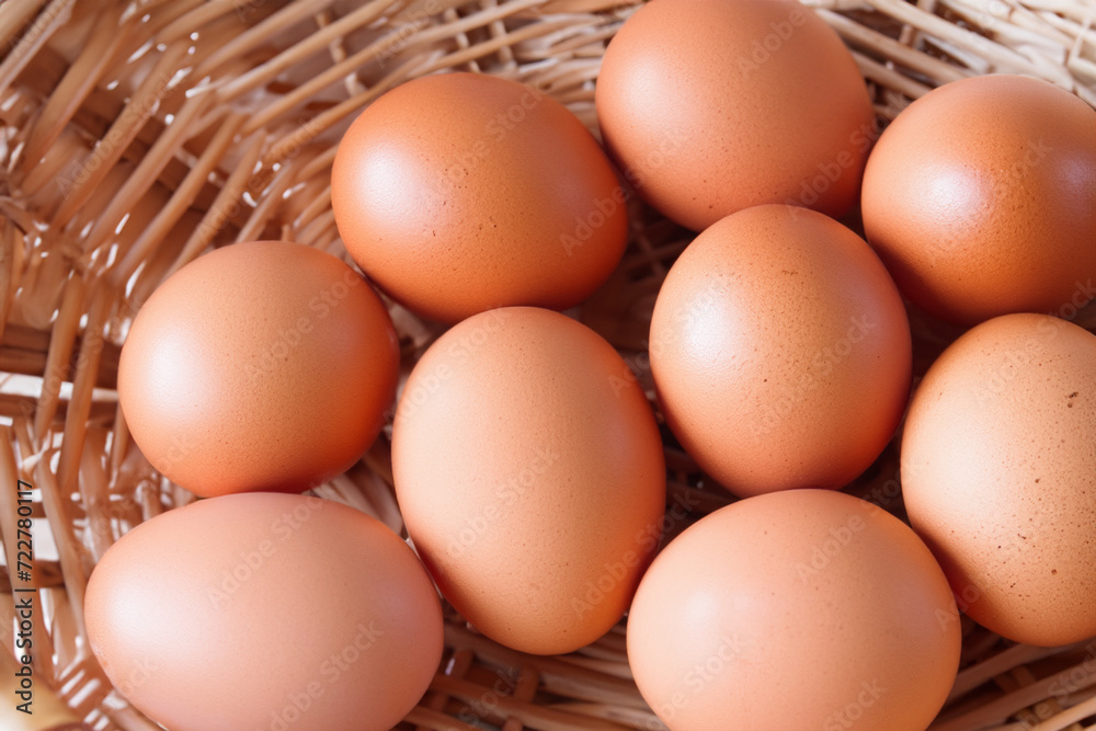 eggs in a basket. small brown chicken eggs lie in a straw wicker basket, close-up view from above eggs in a basket. small brown chicken eggs lie in a straw wicker basket, close-up view from above
