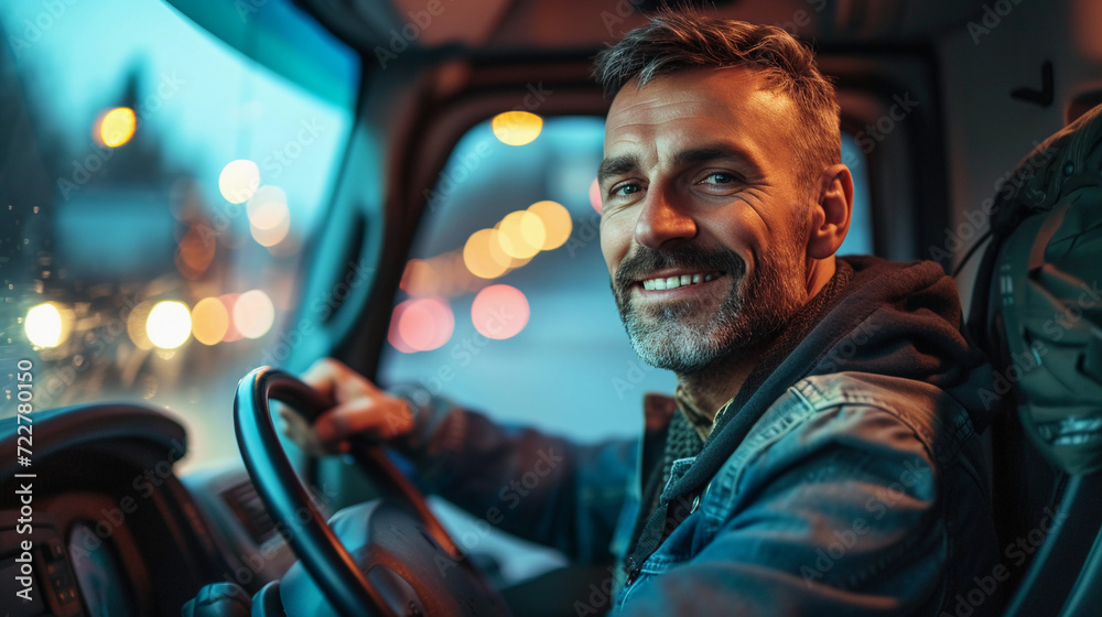 Happy middle aged male truck driver driving his truck in. urban city area, sitting in cabin Happy middle aged male truck driver driving his truck in. urban city area, sitting in cabin