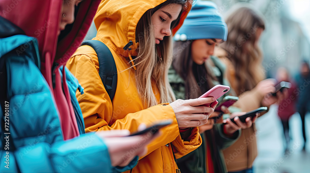 Line of young people absorbed in their smartphones on a busy urban street. Line of young people absorbed in their smartphones on a busy urban street.