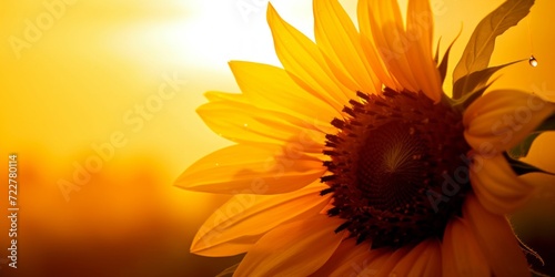 A vibrant sunflower blooming with golden sunlight backlighting its delicate petals during a sunset.