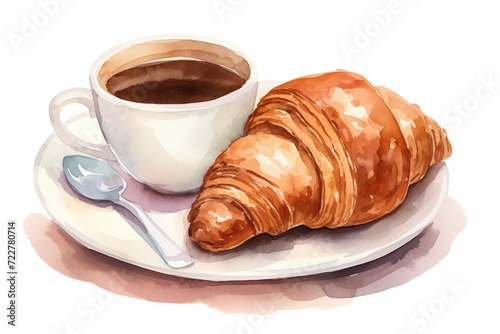 Watercolor breakfast arrangement with coffee and croissants illustration. French croissants for a romantic breakfast illustration. Perfect for greeting cards. High quality hand drawn food illustration