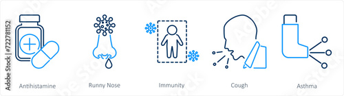 A set of 5 Allergy icons as antihistamine, runny nose, immunity