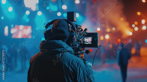 Close up profile headshot photo of Video camera man operator with equipment at night work outdoors