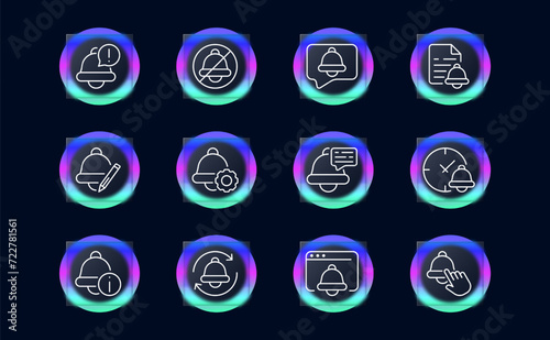 Bell set line icon. Alarm clock, morning, ringing, sleep, clock, bell, getting up, work, time, arrow, school. Glassmorphism style. Vector line icon for business and advertising