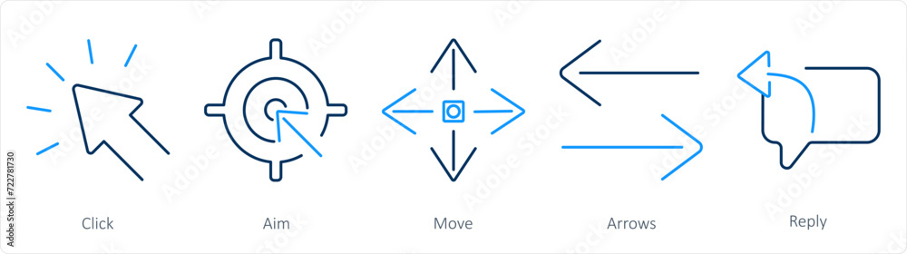 A set of 5 arrows icons as click, aim, move A set of 5 arrows icons as click, aim, move