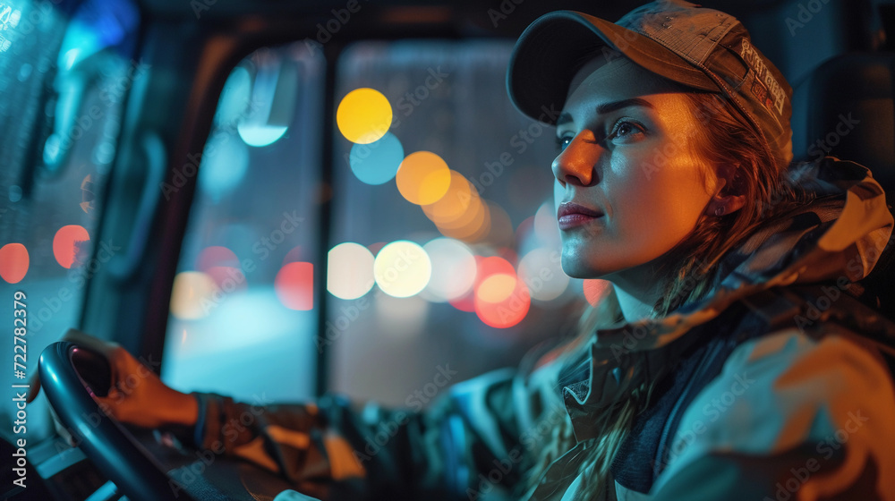 Portrait of exhaust, tired, young female truck driver sitting in her cabin and driving through city and entering to a busy highway