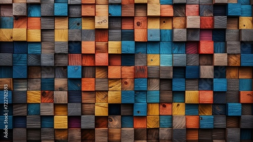 a stunning image that presents aged wood art architecture textures and abstract block stacks on a wall, with each block showcasing a different color. This composition provides a colorful wood texture.