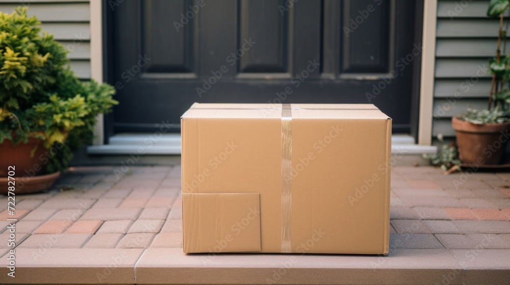 Cardboard boxes delivered and left at the doorstep of a residential home, signifying online shopping. Cardboard boxes delivered and left at the doorstep of a residential home, signifying online shopping.