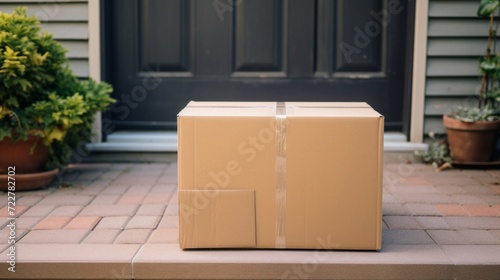 Cardboard boxes delivered and left at the doorstep of a residential home, signifying online shopping.