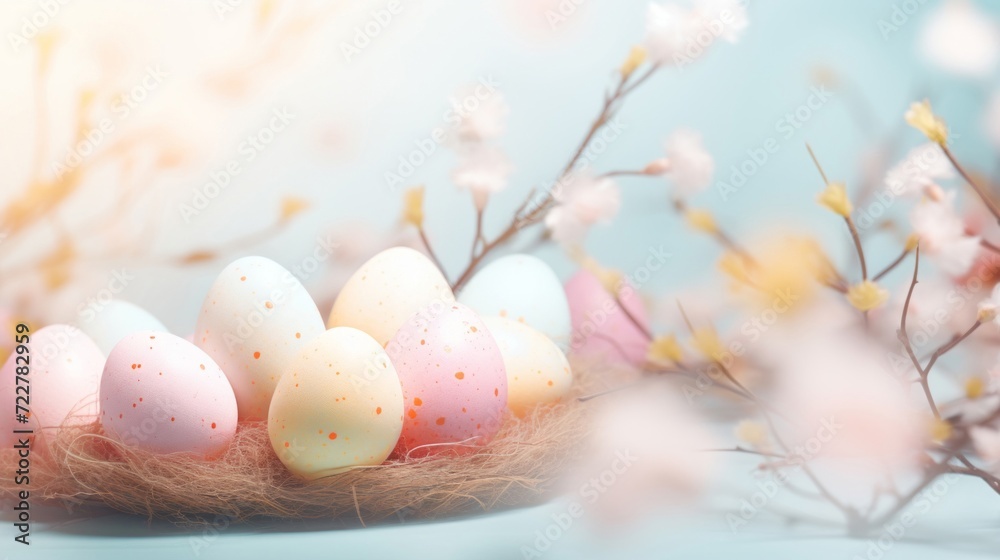 A delicate arrangement of speckled pastel Easter eggs in a nest, complemented by soft spring blossoms and light. A delicate arrangement of speckled pastel Easter eggs in a nest, complemented by soft spring blossoms and light.