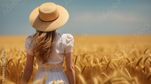 A serene image capturing a woman in a white dress and straw hat walking through a golden wheat field on a sunny day. © tashechka