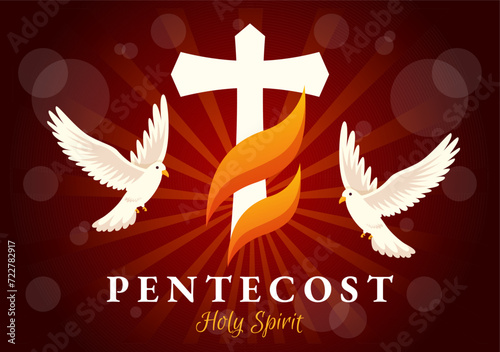 Pentecost Sunday Vector Illustration with Flame and Holy Spirit Dove in Catholics or Christians Religious Culture Holiday Flat Cartoon Background