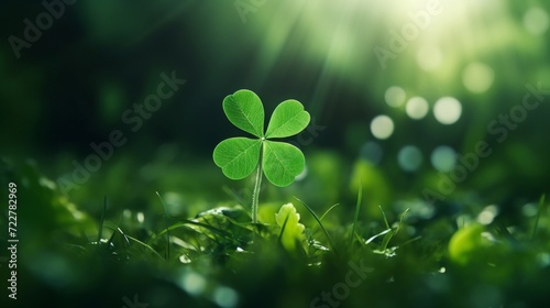 A single four-leaf clover stands out in a sunlit field, symbolizing luck and the beauty of nature.