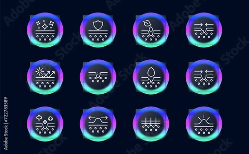 Natural Korean cosmetics set line icon. Skin moisturizing, anti-aging protection, cream, ointment, gel, mask. Glassmorphism style. Vector line icon for business and advertising