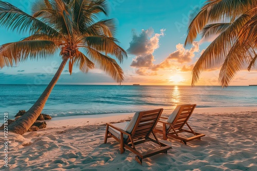Sunny beach with sea and soft sand perfect for summer travel. Luxurious tropical landscape with palm trees in paradise resort. Beautiful sunset ocean and romantic for family holiday or honeymoon