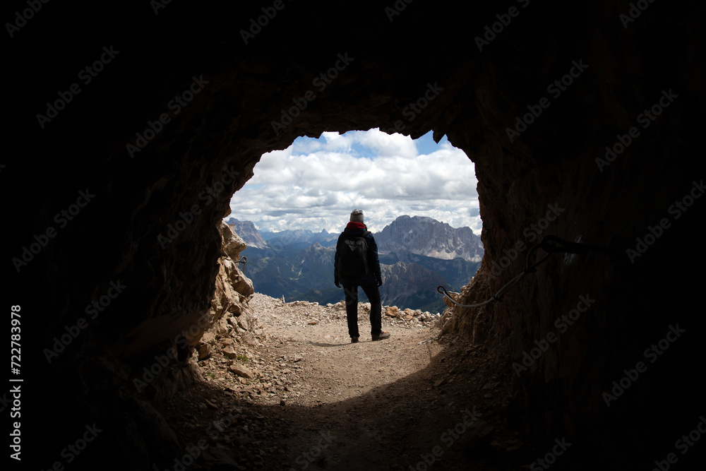 Mountain view with climber, Marmolada, mountain, Dolomites, Italy.