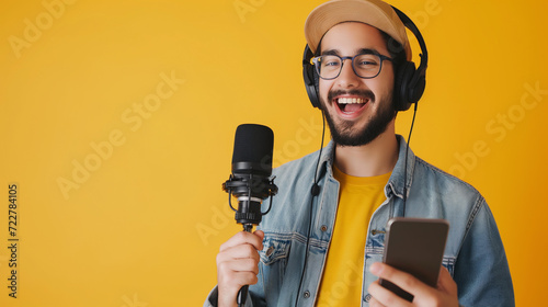 Portrait of happy young man with microphone and headphone, Content creator live online streaming for social media on smartphone isolated yellow background, Streamer, Podcast, Vlogger