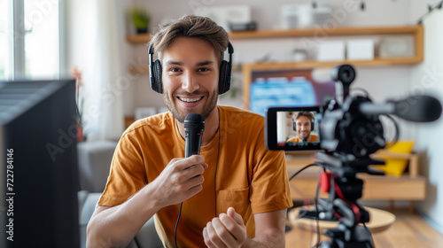 Smiliing man with microphone and headphone, Content creator live online streaming for social media on camera, Streamer, Broadcast, Podcast, Vlogger photo